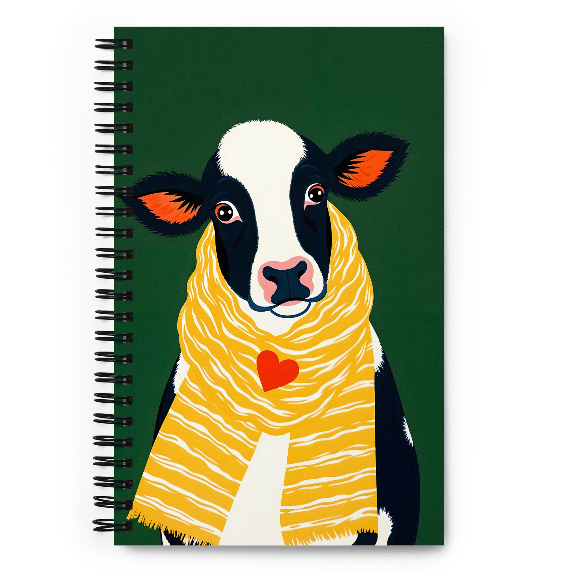 Carnet à spirale A5 MZelle Design Motif illustré moderne de vaches avec une écharpe jaune, recto et verso sur un fond uni rose vif vert anglais.