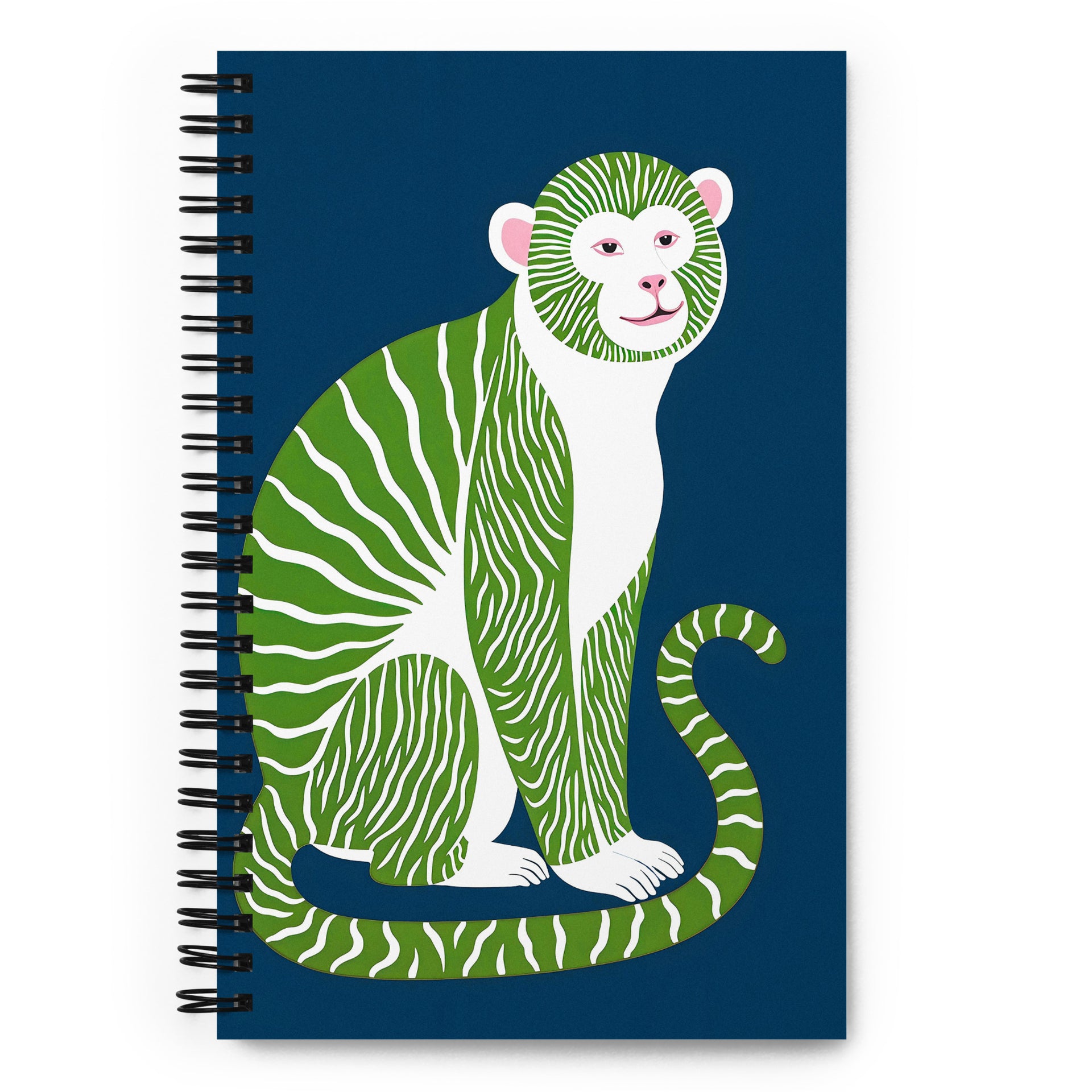 Carnet à spirale A5 MZelle Design couverture illustrée moderne, des singes rayés graphiques  recto et verso sur un fond uni bleu ou vert.