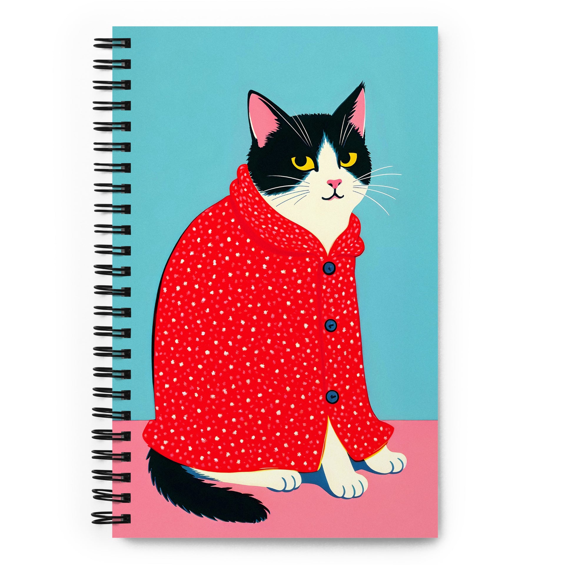Carnet à spirale A5 MZelle Design couverture illustrée moderne, chats bicolores  graphiques habillés de manteau rouge