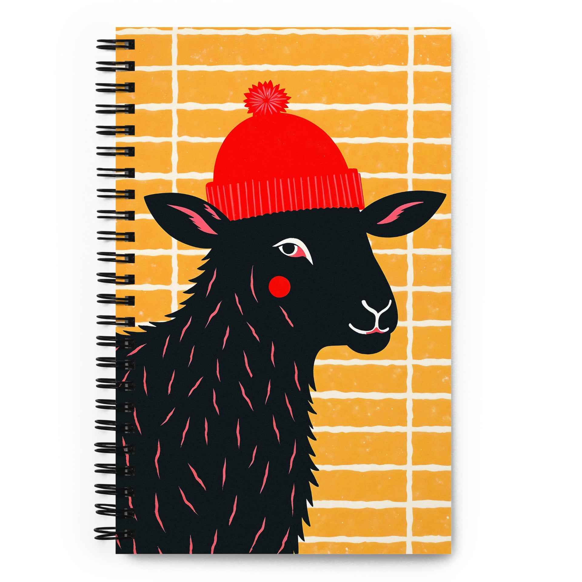 Carnet à spirale A5 MZelle Design couverture illustrée moderne, moutons graphiques avec un bonnet rouge, recto et verso sur un fond jaune.