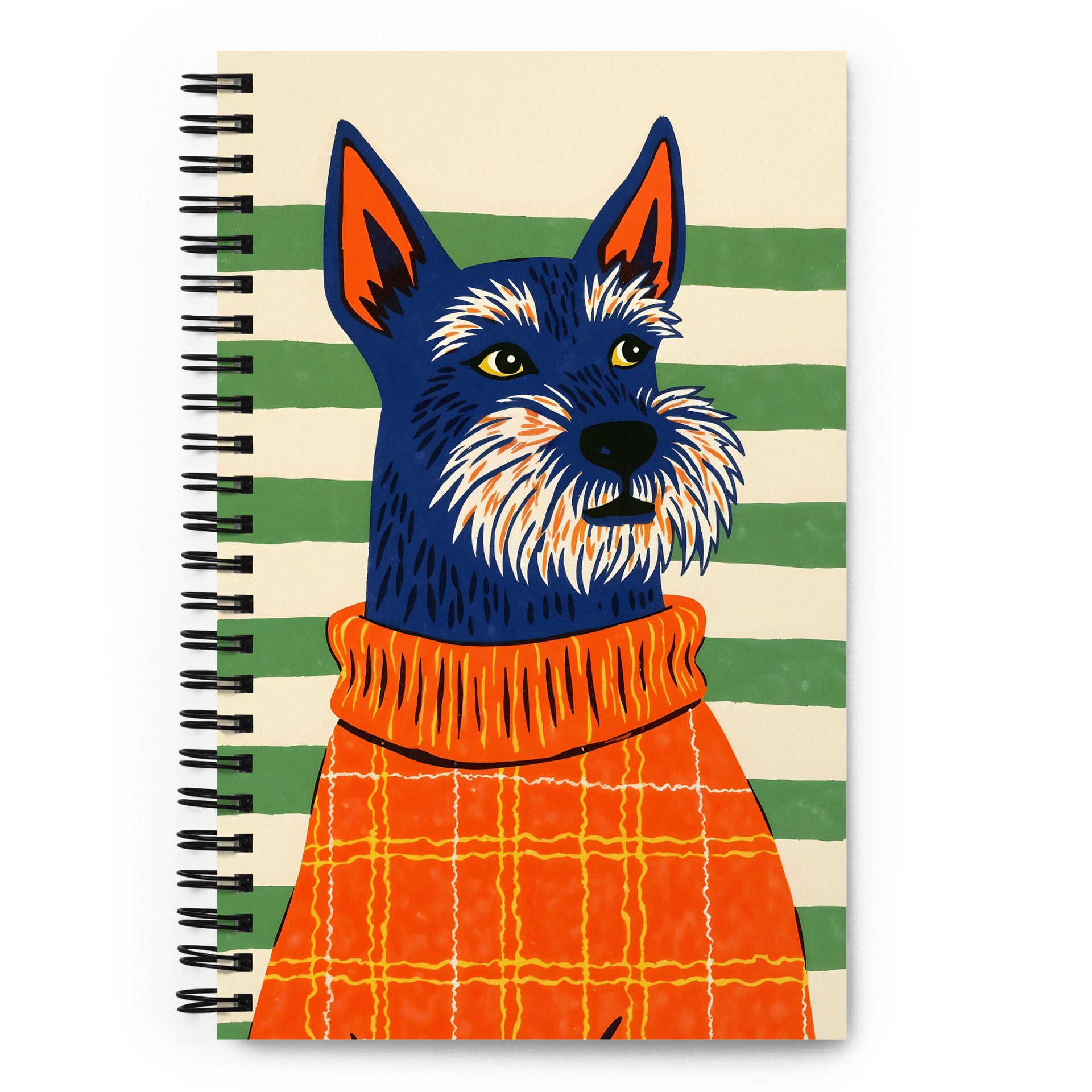 Carnet à spirale A5 MZelle Design couverture illustrée moderne, un chien bleu scottish terriers graphiques avec un pull orange, recto et verso sur un fond rayé vert.