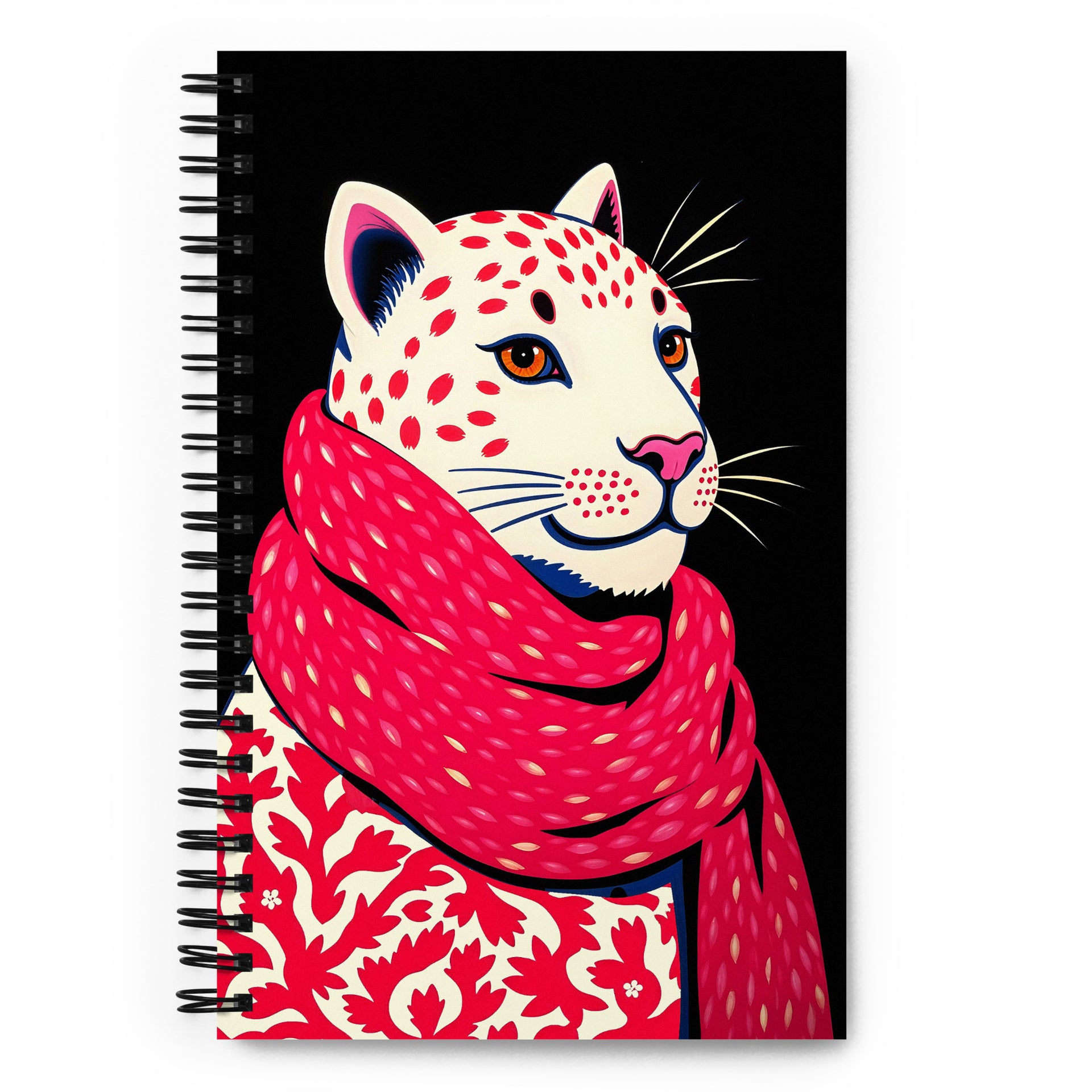 Carnet à spirale A5 MZelle Design couverture illustrée moderne, un jaguar graphique avec une écharpe, recto et verso sur un fond uni noir.