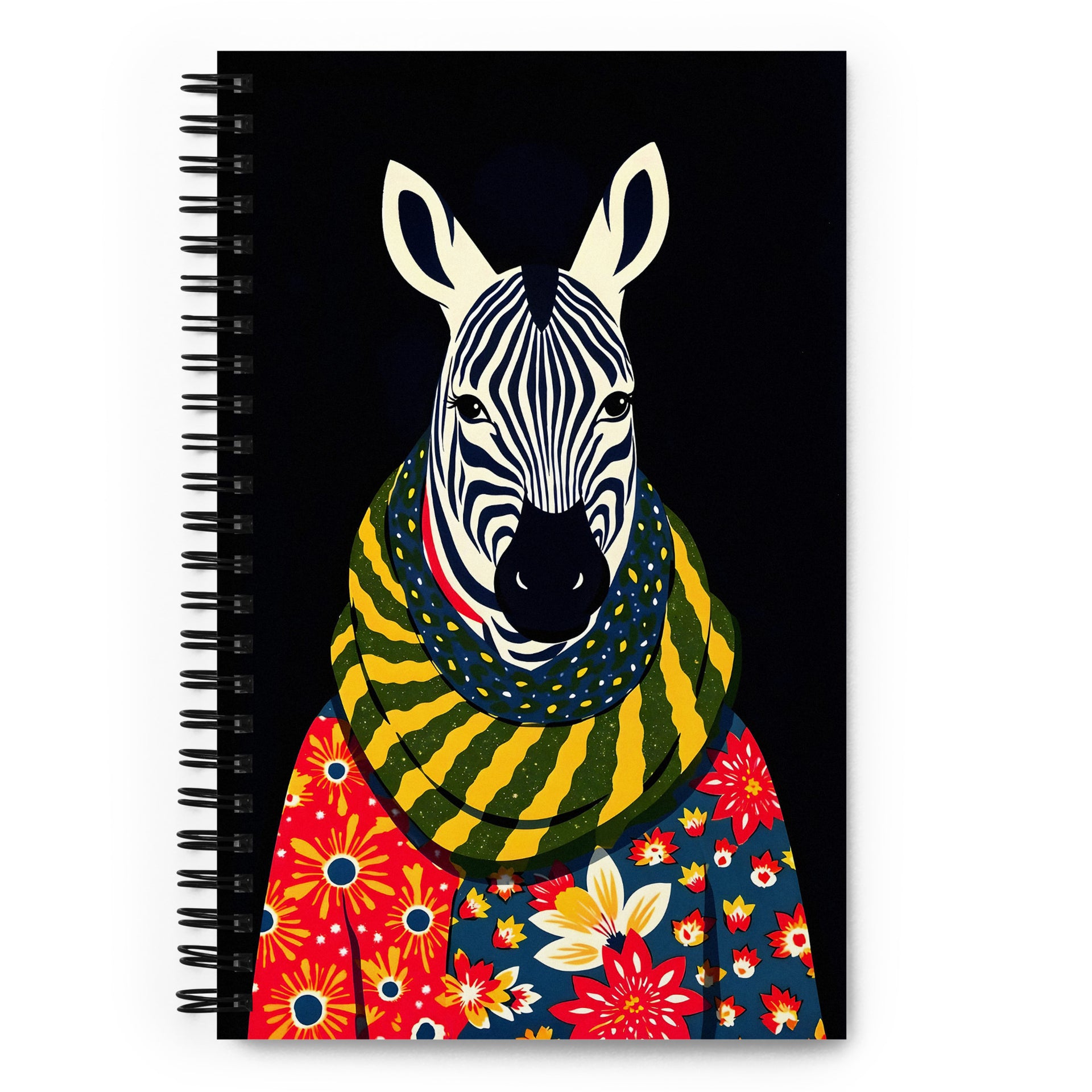 Carnet à spirale A5 MZelle Design couverture illustrée moderne, un zèbre graphique avec une écharpe et une veste richement décoré style africain, recto et verso sur un fond uni noir