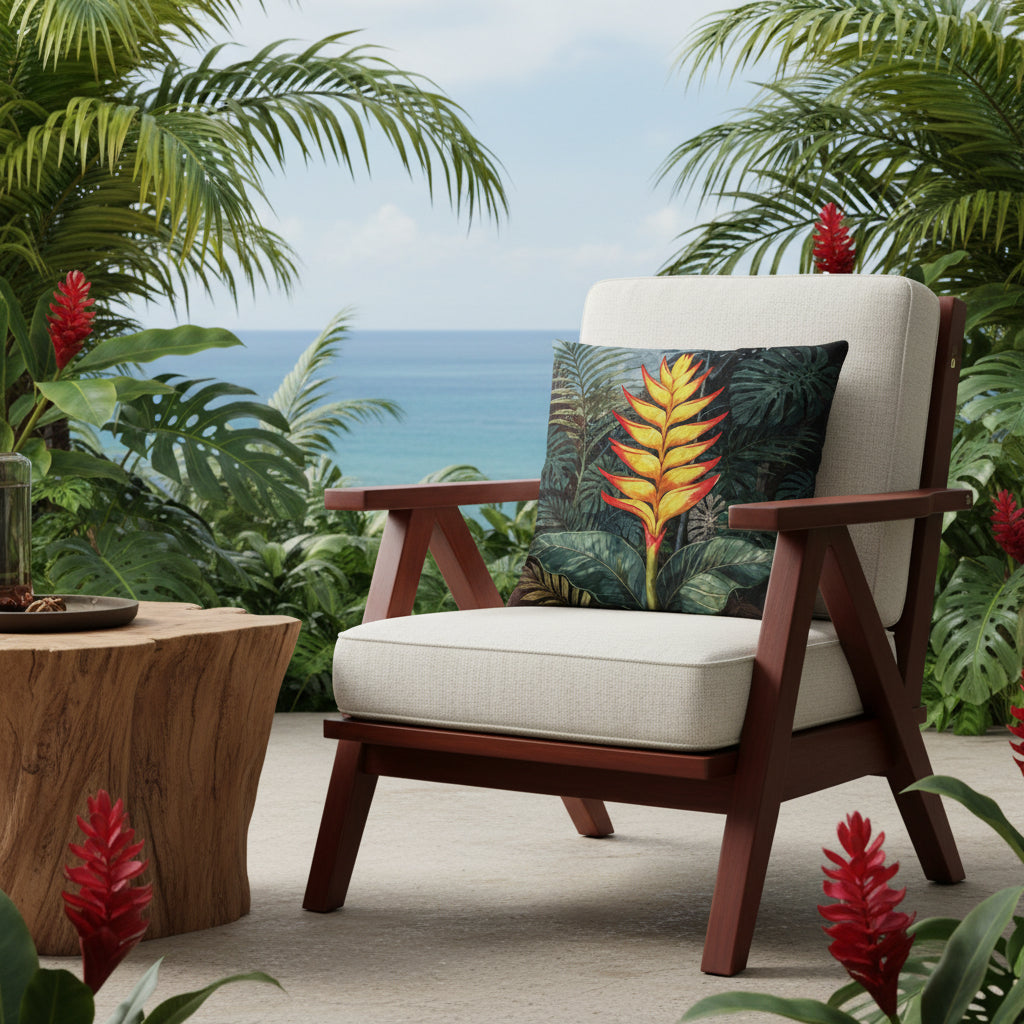 Décoration avec un fauteuil orné d'un Coussin Mzelle Design esprit Tropical Motif de Fleur de Balisier Héliconia sur un fond de feuilles style aquarelle