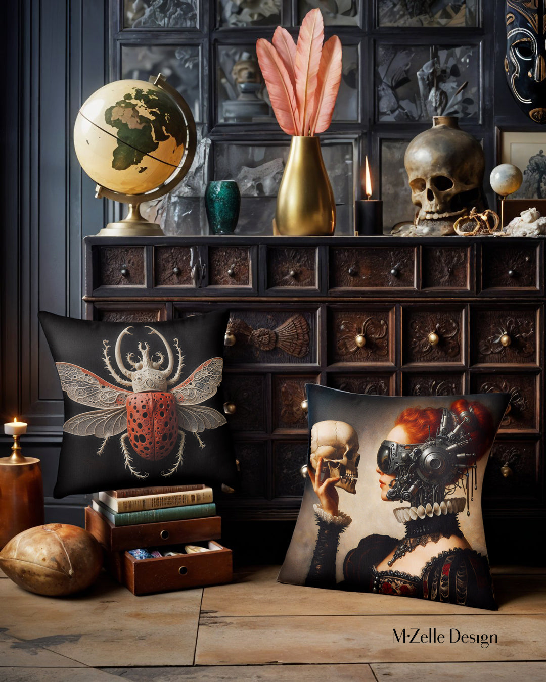 décoration intérieur d'un cabinet de curiosité avec un meuble et des objets dont deux coussins MZelle Design 