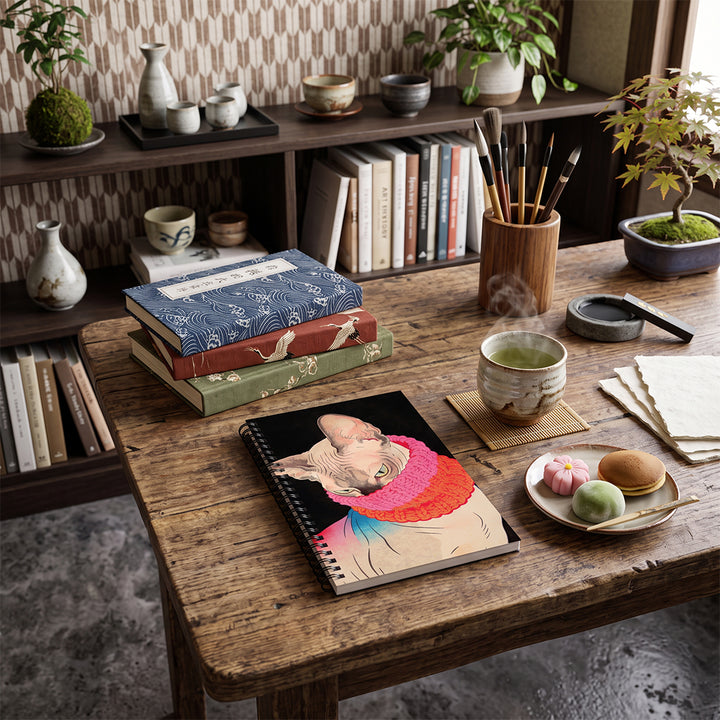 Photographie lifestyle qualité professionnelle, décoration Atelier-bibliothèque japonais, avec carnet A5 Mzelle design motif chat sphinx posé à plat, atmosphère d'étude traditionnelle et de création artistique.
