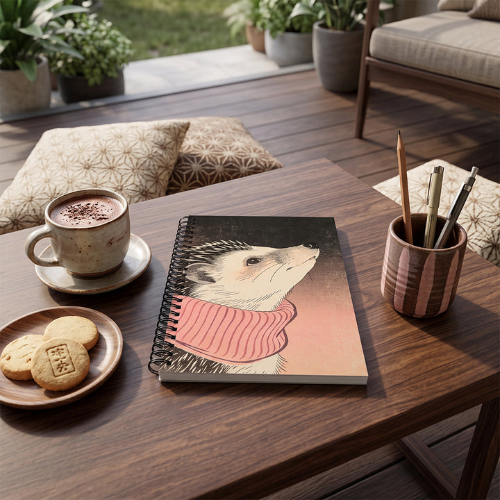 Photographie professionnelle lifestyle,  beau carnet A5 Mzelle design motif herisson, entre une tasse de chocolat chaud, des biscuits sablés, un porte-crayons en céramique, coussins rayés décoratifs au sol de bois sombre.