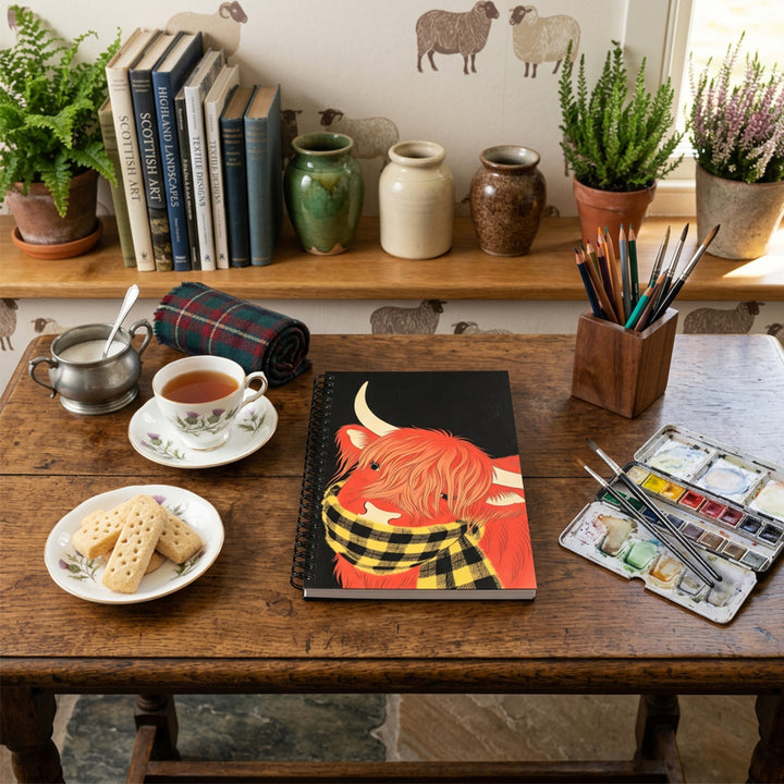 Photographie lifestyle qualité professionnelle, décoration Atelier-bibliothèque style écossais, avec carnet A5 mzelle design motif highland cows,  shortbreads dans une soucoupe,  tasse de thé, ambiance cosy et creative.