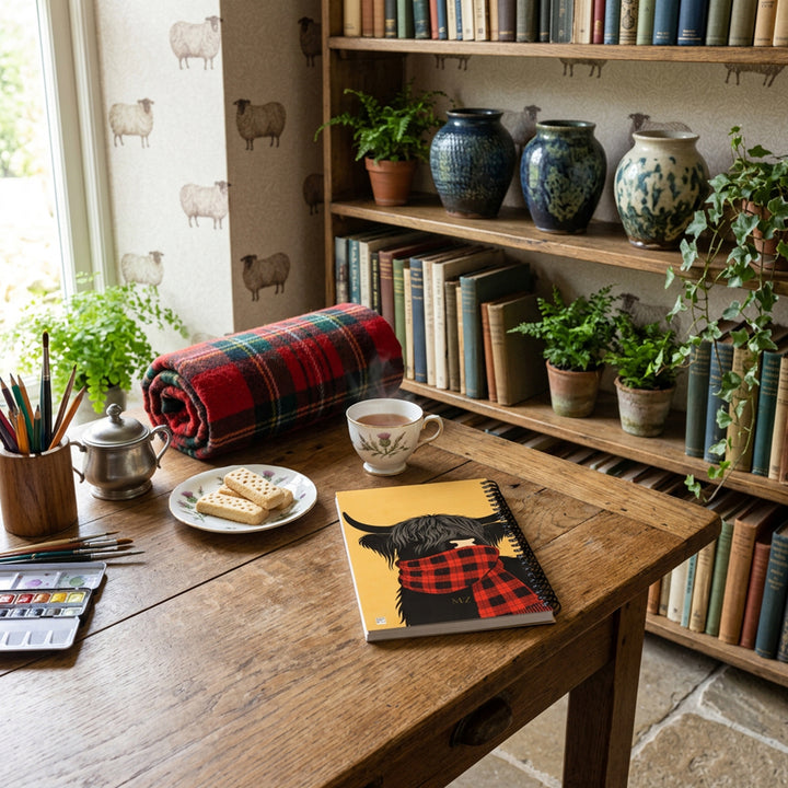 Photographie lifestyle qualité professionnelle, décoration Atelier-bibliothèque style écossais, avec carnet A5 mzelle design motif highland cows,  shortbreads dans une soucoupe,  tasse de thé, ambiance cosy et creative.