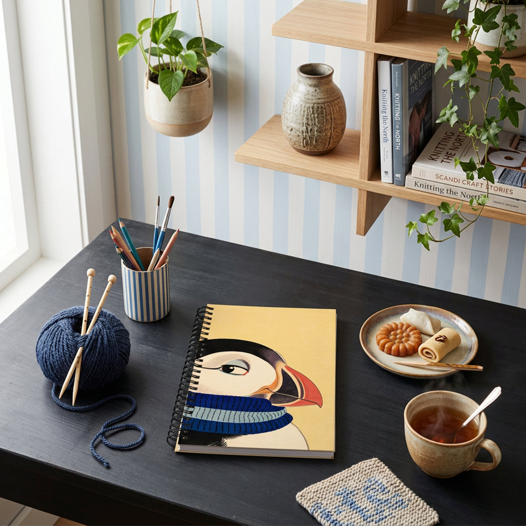 Photographie lifestyle  la table de travail en bois peint brun patiné avec carnet A5 mzelle design motif macareux moine, quelques pâtisseries coréennes, un nécessaire de tricots, une tasse de thé, mur peint de rayures verticale bleu ciel, décoration sobre. 
