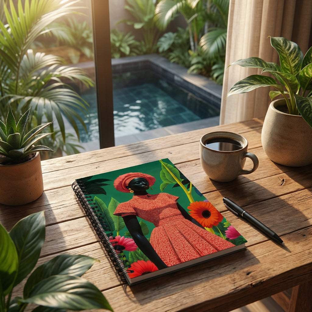 Photographie d’intérieur villa ensoleillée aux Antilles, vue d'un carnet à spirale motif femme africaine mzelle design, disposé sur un bureau devant une fenêtre vue sur piscine sombre moderne, tasse de café et d'un stylo feutre à côté, plantes exotiques, Atmosphère invitante.