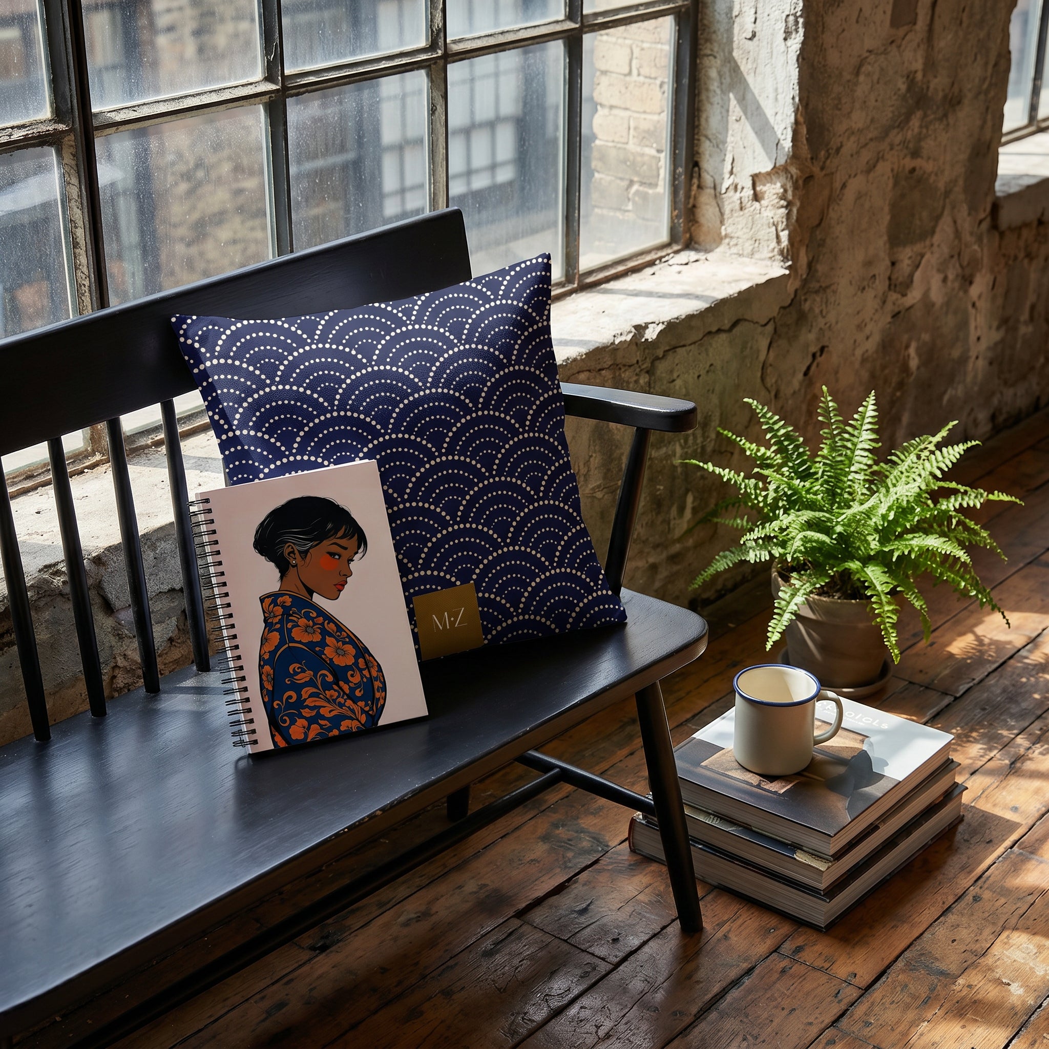 Photographie d’intérieur décoration concept store vue en plongée en gros plan sur une banquette  en bois ornée d'un coussin  et d'un carnet mzelle design, mur brut en vieilles pierres, céramiques et pile de livres d'art, fougère dans un pot au sol.