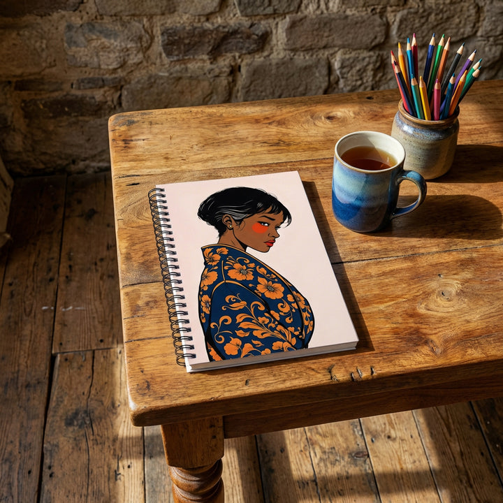 Photographie d’intérieur décoration, vue en plongée en gros plan sur une table en bois et d'un carnet mzelle design motif fille en kimono stylisé, posé à plat dessus, à côté d'un pot à crayons de couleurs , mur brut en vieilles pierre et sol en bois.