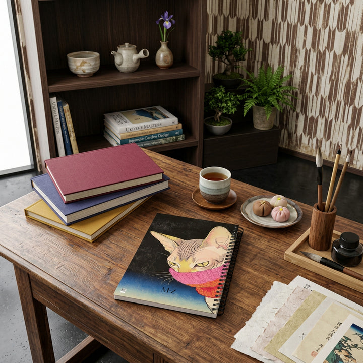 Photographie lifestyle qualité professionnelle, décoration Atelier-bibliothèque japonais, avec carnet A5 Mzelle design motif chat sphinx posé à plat, atmosphère d'étude traditionnelle et de création artistique.