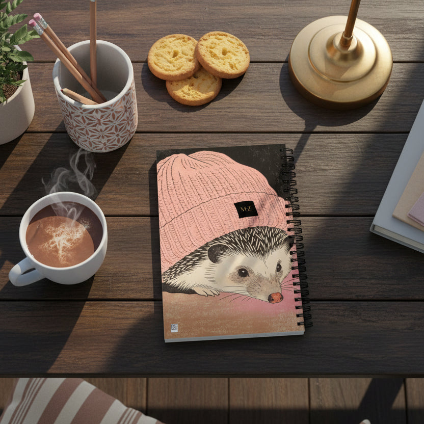 Photographie professionnelle lifestyle,  beau carnet A5 Mzelle design motif herisson, entre une tasse de chocolat chaud, des biscuits sablés, un porte-crayons en céramique, coussins rayés décoratifs au sol de bois sombre.
