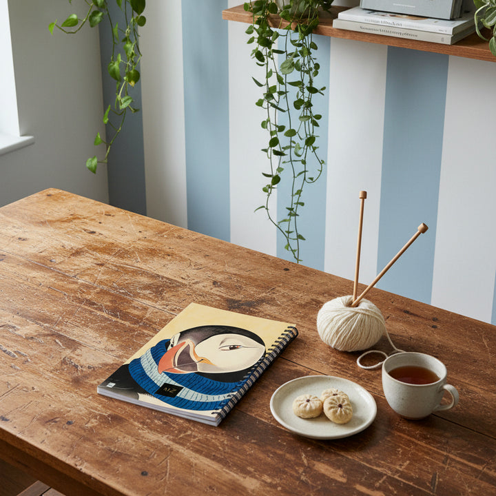 Photographie lifestyle  la table de travail en bois peint brun patiné avec carnet A5 mzelle design motif macareux moine, quelques pâtisseries coréennes, un nécessaire de tricots, une tasse de thé, mur peint de rayures verticale bleu ciel, décoration sobre. 