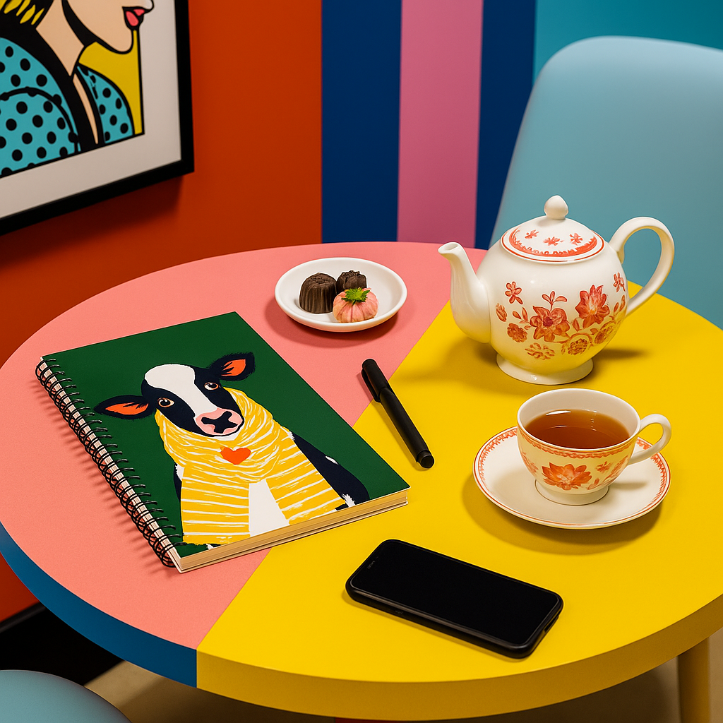 décoration intérieur, un Carnet à spirale A5 mzelle design, couverture motif Vache avec une écharpe posé sur table dans un salon de thé pop art