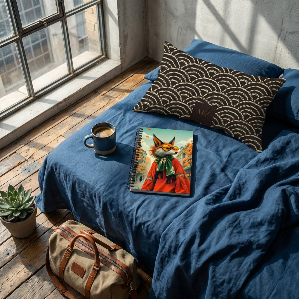 Photographie d’intérieur, vue en plongée en gros plan sur un carnet mzelle design,  , fenêtre industrielle, mur brut ciment gris clair , sol en bois ancien irrégulier, tasse de café en céramique émail mat, sac de voyage et succulente dans un pot au sol.
