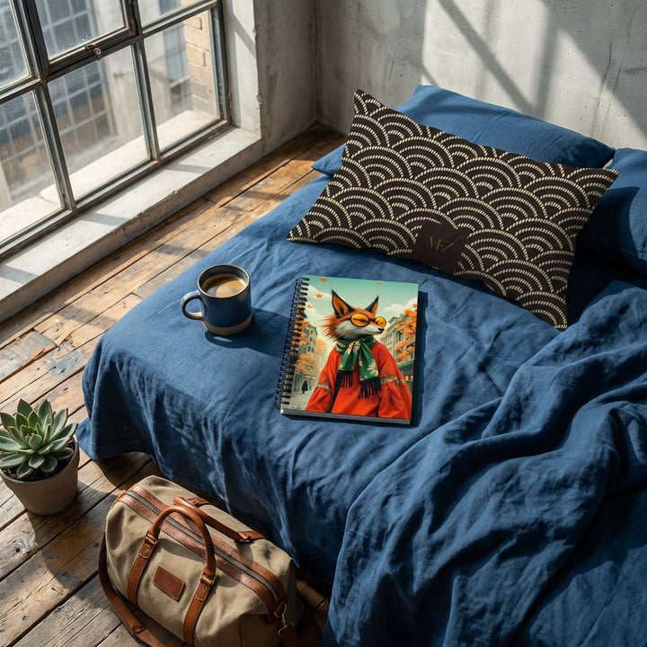 Photographie d’intérieur, vue en plongée en gros plan sur un carnet mzelle design,  , fenêtre industrielle, mur brut ciment gris clair , sol en bois ancien irrégulier, tasse de café en céramique émail mat, sac de voyage et succulente dans un pot au sol.