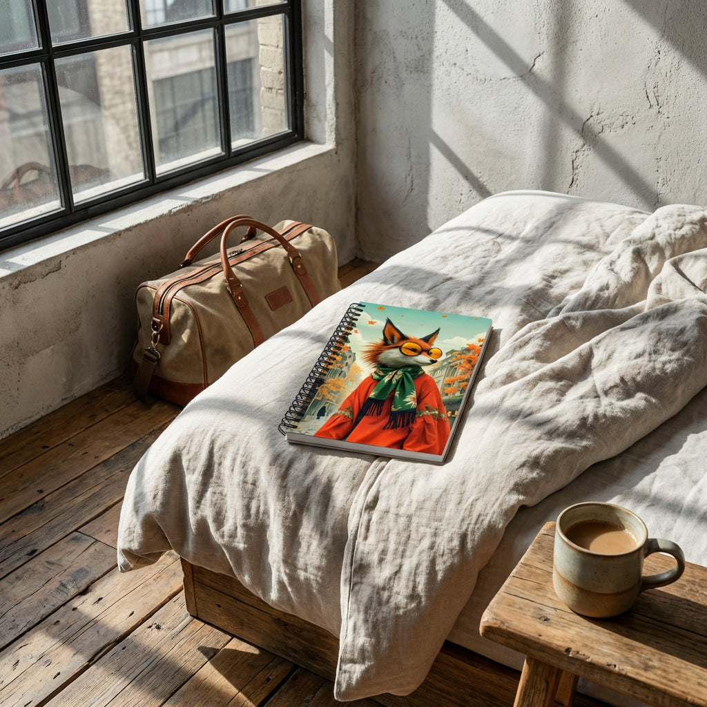 Photographie d’intérieur décoration de loft, gros plan sur un carnet mzelle design,  fenêtre industrielle, mur brut ciment gris clair , sol en bois, tasse de café en céramique émail mat, sac de voyage. 