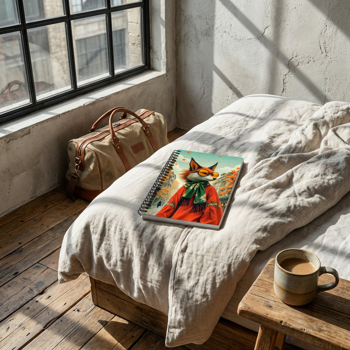 Photographie d’intérieur décoration de loft, gros plan sur un carnet mzelle design,  fenêtre industrielle, mur brut ciment gris clair , sol en bois, tasse de café en céramique émail mat, sac de voyage. 