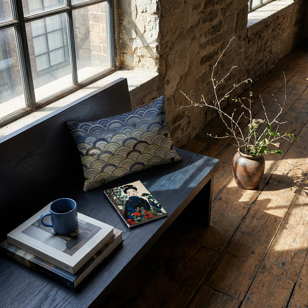Photographie d’intérieur ambiance zen loft moderne, gros plan sur une banquette en bois  orné d'un coussin et d'un carnet mzelle design, fenêtre industrielle, mur brut en vieilles pierres, sol en bois , tasse de café en céramique  sur une pile de livres d'art, branche ikébana dans un pot au sol. 