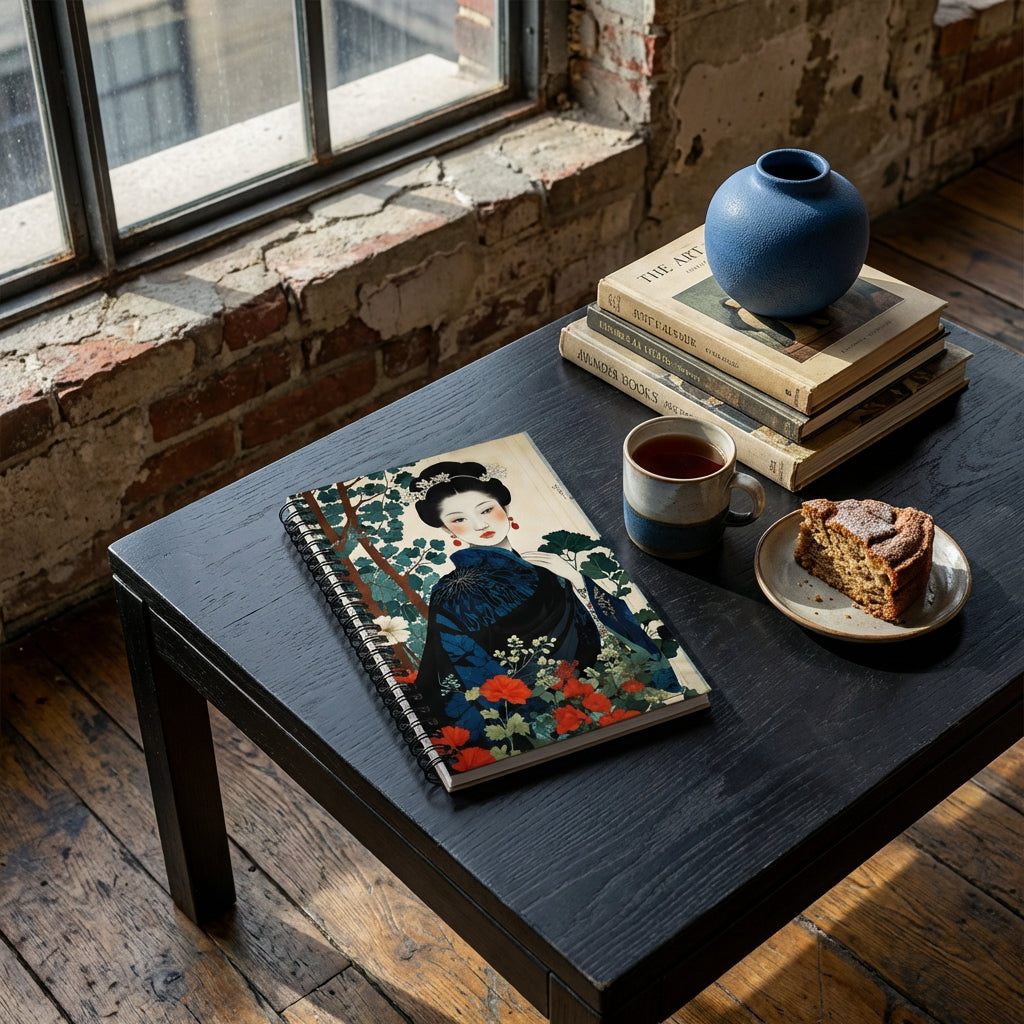 Photographie d’intérieur ambiance zen loft moderne, gros plan sur une table basse en bois  ornée  d'un carnet mzelle design, fenêtre industrielle, mur brut en vieilles pierres, sol en bois , tasse de café et vase en céramique  sur une pile de livres d'art, part de cake, ambiance douce.