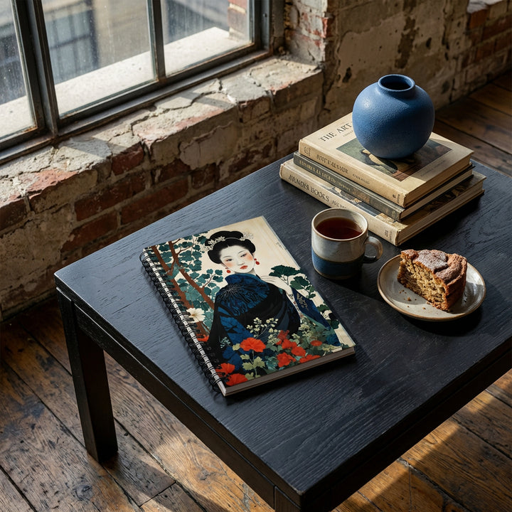 Photographie d’intérieur ambiance zen loft moderne, gros plan sur une table basse en bois  ornée  d'un carnet mzelle design, fenêtre industrielle, mur brut en vieilles pierres, sol en bois , tasse de café et vase en céramique  sur une pile de livres d'art, part de cake, ambiance douce.
