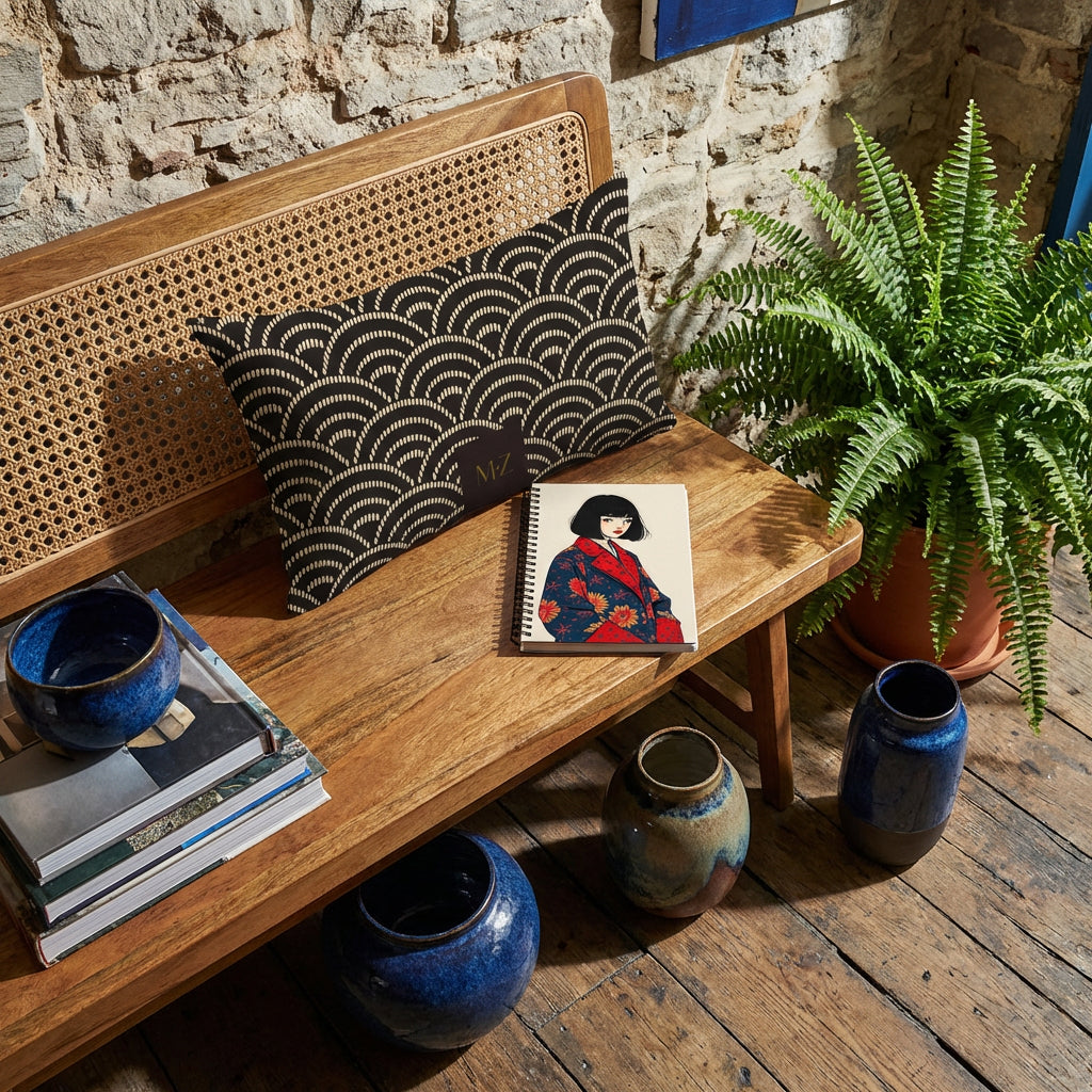 Photographie d’intérieur décoration concept store vue en plongée en gros plan sur une banquette  en bois ornée d'un coussin  et d'un carnet mzelle design, mur brut en vieilles pierres, céramiques et pile de livres d'art, fougère dans un pot au sol.