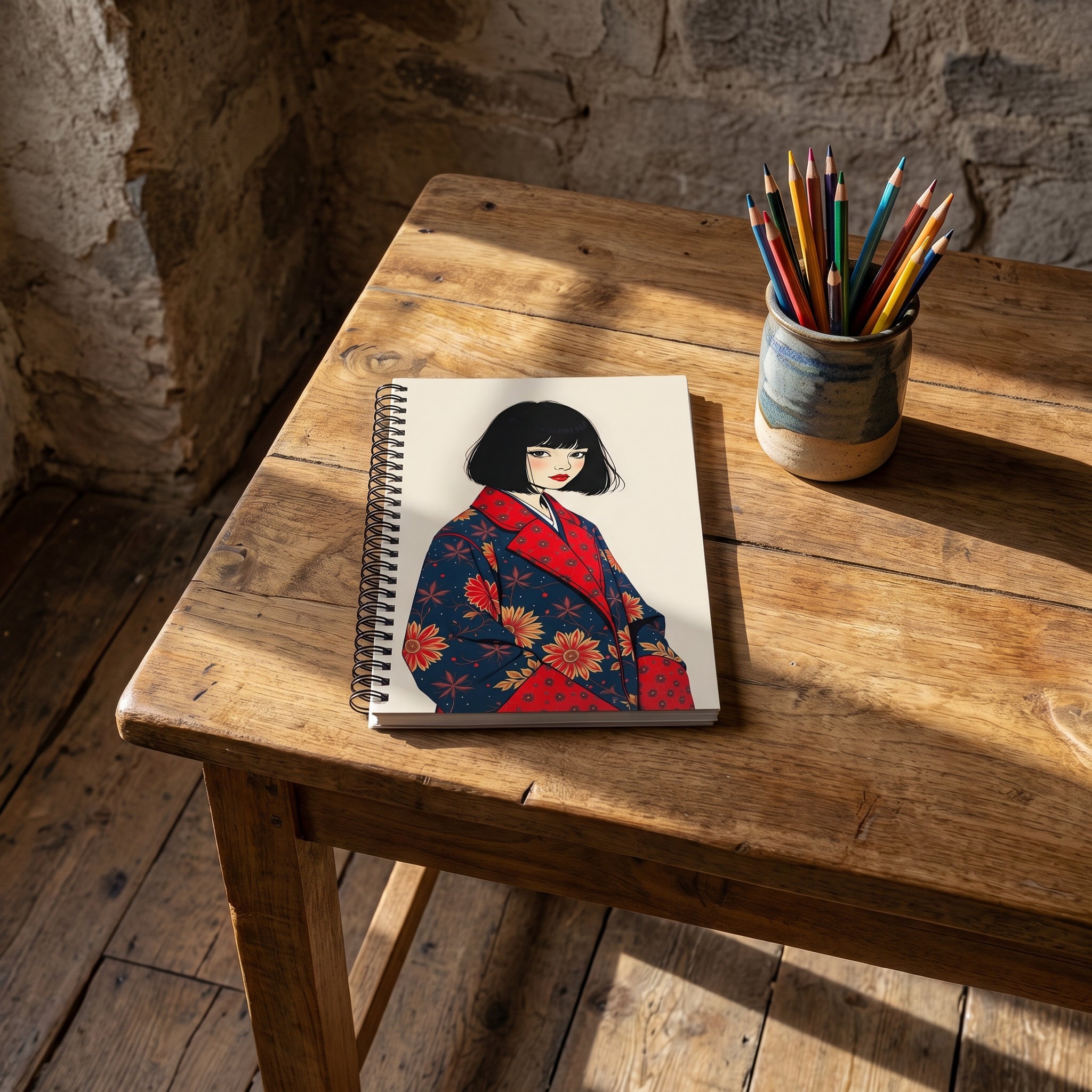 Photographie d’intérieur décoration, vue en plongée en gros plan sur une table en bois de manguier et d'un carnet mzelle design motif fille en kimono stylisé, posé à plat dessus, à côté d'un pot à crayons de couleurs , mur brut en vieilles pierre et sol en bois.