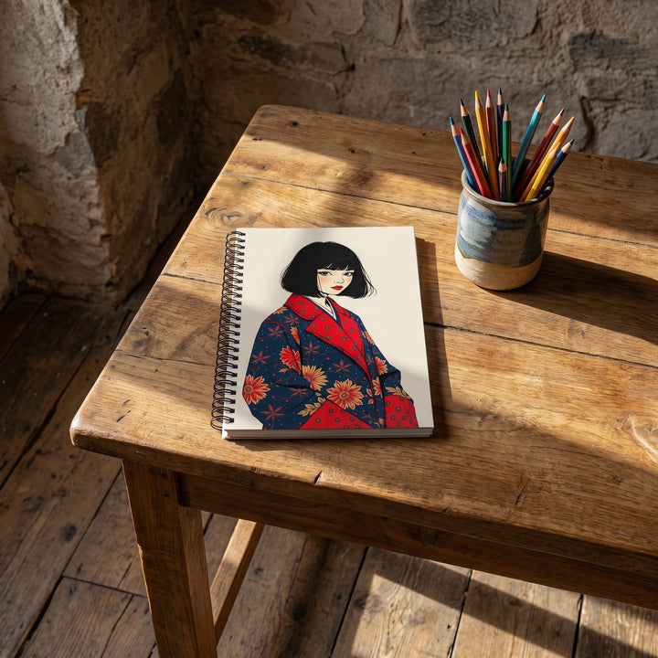 Photographie d’intérieur décoration, vue en plongée en gros plan sur une table en bois de manguier et d'un carnet mzelle design motif fille en kimono stylisé, posé à plat dessus, à côté d'un pot à crayons de couleurs , mur brut en vieilles pierre et sol en bois.