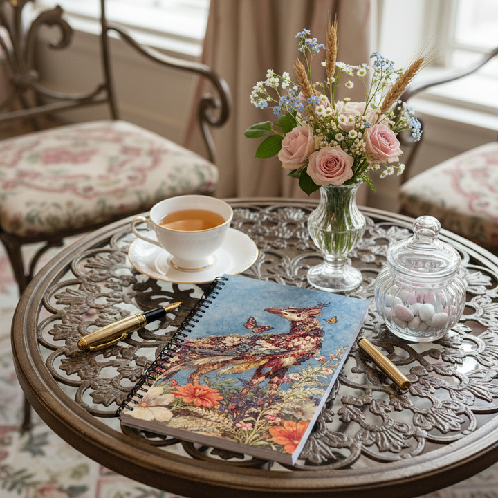 Photo professionnelle , salon de thé Regencycore tons pastel et mobilier en fer forgé, sur une table basseun beau carnet mzelle design posé en évidence, une tasse de thé, un stylo plume, des dragées dans un bocal en verre, un vase de fleurs sauvage.