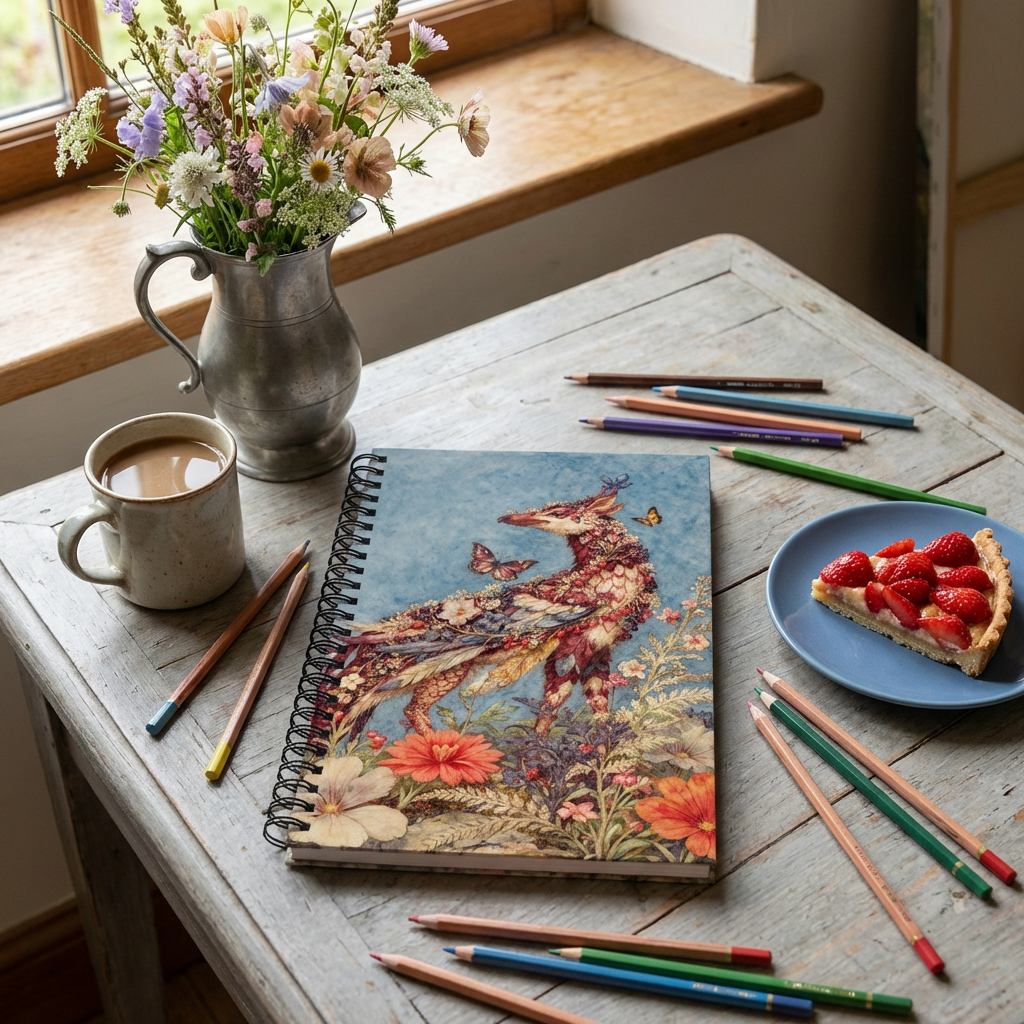 Photo professionnelle décoration d'un atelier d'artiste,  table basse avec le carnet mzelle design posé en évidence, avec des crayons de couleurs, une tasse de café, une part de cake dans une soucoupe . Un vase en étain de fleurs sauvage sur le rebord de la fenêtre.
