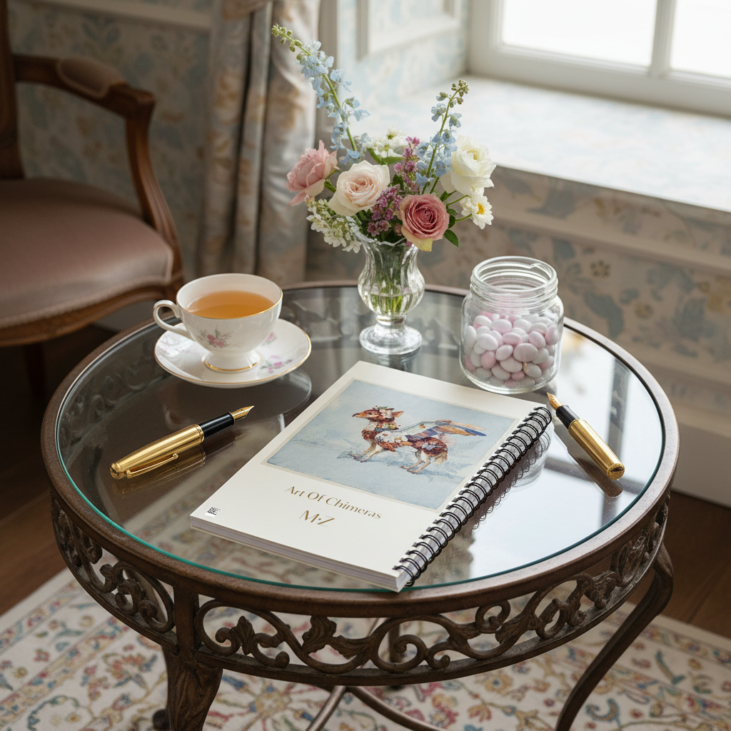 Photo professionnelle , salon de thé Regencycore tons pastel et mobilier en fer forgé, sur une table basseun beau carnet mzelle design posé en évidence, une tasse de thé, un stylo plume, des dragées dans un bocal en verre, un vase de fleurs sauvage.