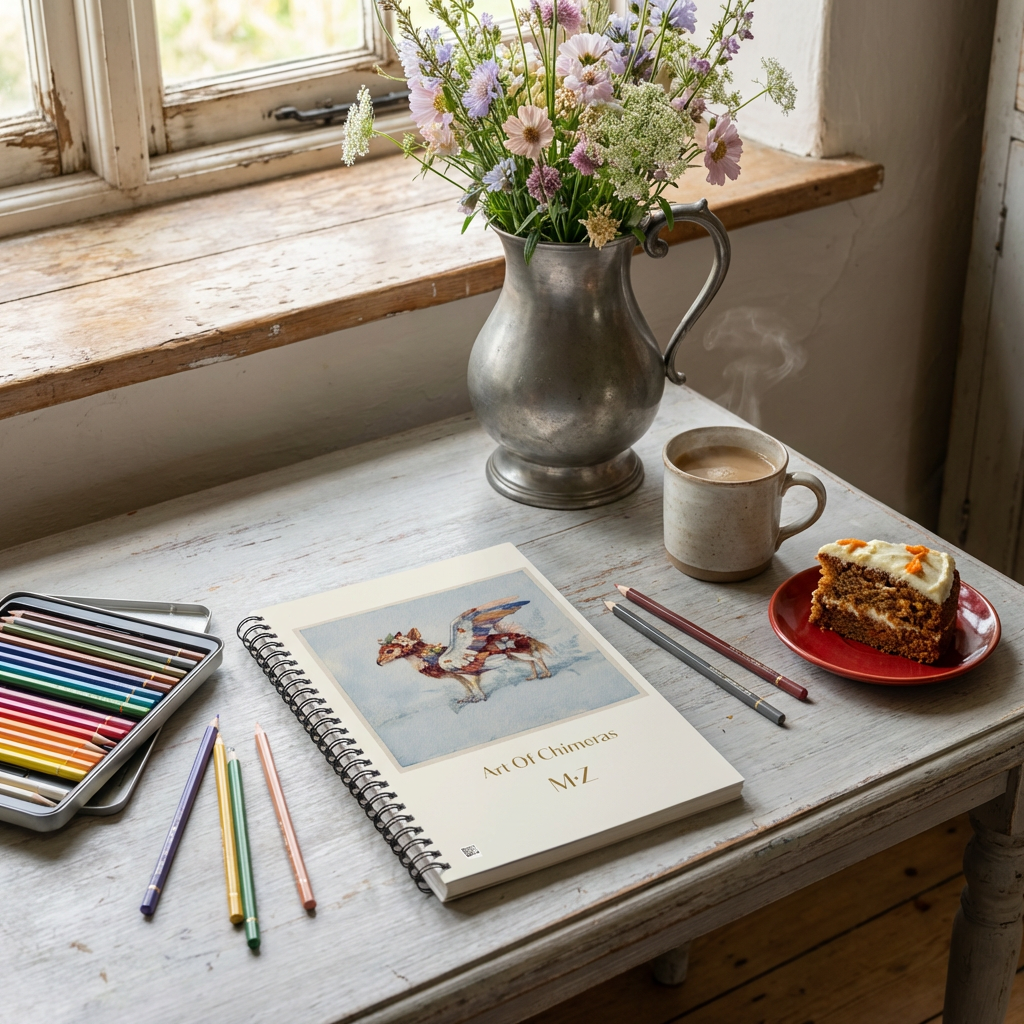 Photo professionnelle décoration d'un atelier d'artiste,  table basse avec le carnet mzelle design posé en évidence, avec des crayons de couleurs, une tasse de café, une part de cake dans une soucoupe . Un vase en étain de fleurs sauvage sur le rebord de la fenêtre.