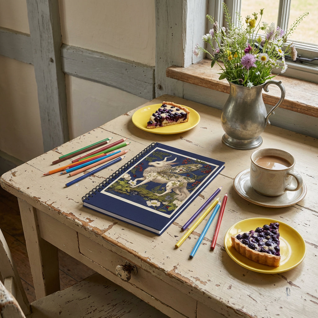 Photo professionnelle style cottage,une table rustique beige avec peinture écaillée, où est poséun joli carnet mzelle design posé en évidence avec des crayons de couleurs, une tasse de café, une part de tarte aux myrtilles dans une soucoupe jaune vif. Un vase en étain de fleurs sauvages.