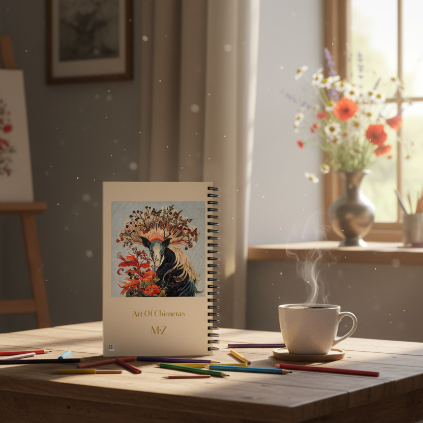 Photo professionnelle décoration de qualité magazine d'un atelier d'artiste maison de campagne, focus sur une table basse avec le carnet strictement identique  posé en évidence à la verticale, avec des crayons de couleurs, une tasse de café,  Un vase en étain de fleurs sauvage sur le rebord de la fenêtre