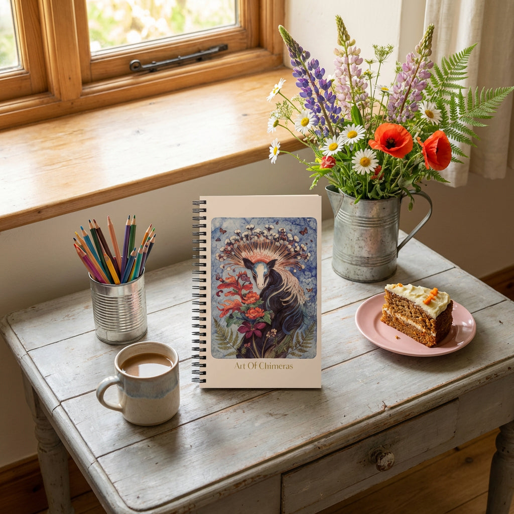 Photo professionnelle d'une maison de campagne, sur une table basse un carnet mzelle design posé en évidence à la verticale, avec des crayons de couleurs, une tasse de café, une part de cake dans une soucoupe rose. Un vase en étain de fleurs sauvage sur le rebord de la fenêtre.