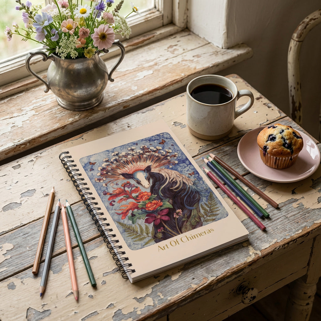 Photo professionnelle style cottage,une table rustique beige avec peinture écaillée, où est poséun joli carnet mzelle design posé en évidence avec des crayons de couleurs, une tasse de café, une part de tarte aux myrtilles dans une soucoupe jaune vif. Un vase en étain de fleurs sauvages.