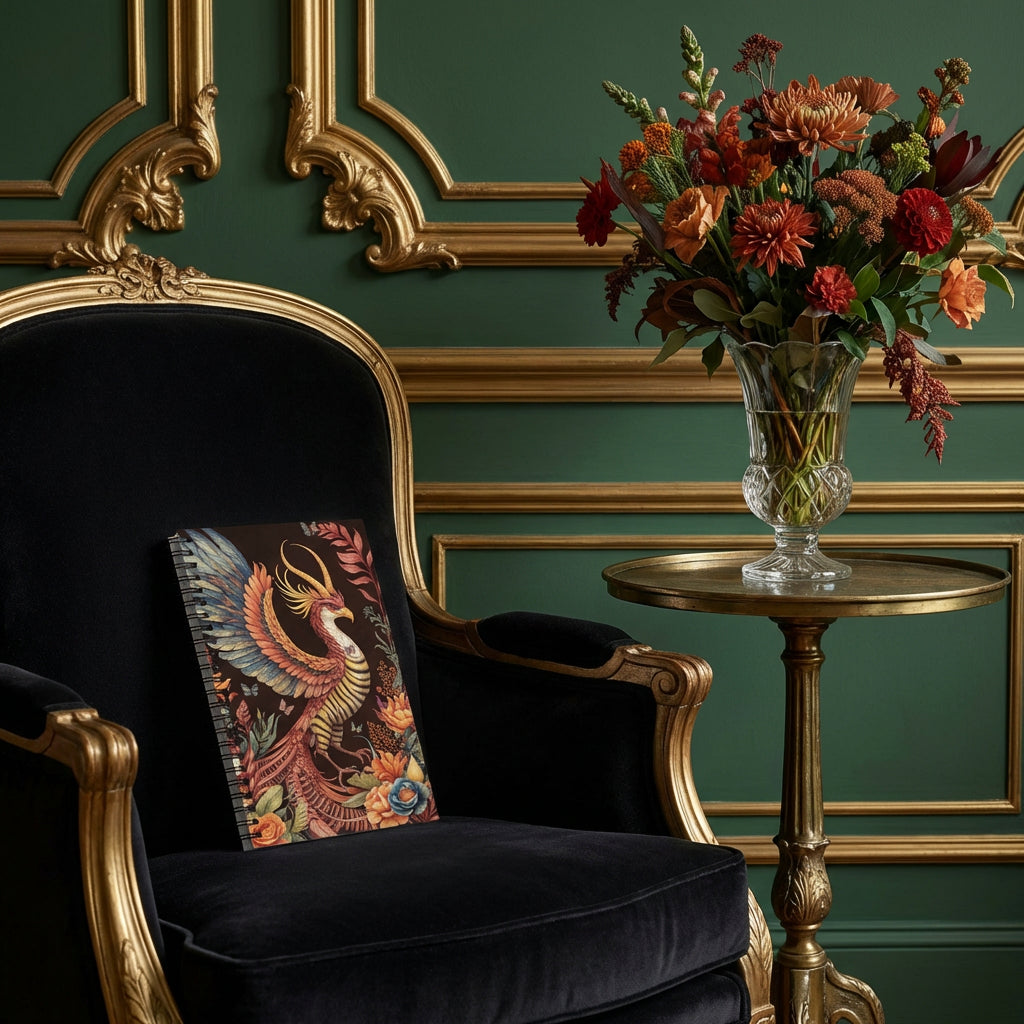 photographie professionnelle boudoir maximaliste italien, une chauffeuse régence en velours noir où est posé un carnet Mzelle Design. Mur vert profond avec moulures classiques, sur un guéridon en laiton patiné un bouquet de fleurs sauvages dans un vase en cristal.