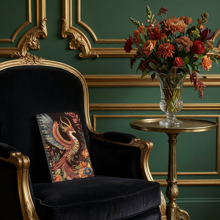 photographie professionnelle boudoir maximaliste italien, une chauffeuse régence en velours noir où est posé un carnet Mzelle Design. Mur vert profond avec moulures classiques, sur un guéridon en laiton patiné un bouquet de fleurs sauvages dans un vase en cristal.
