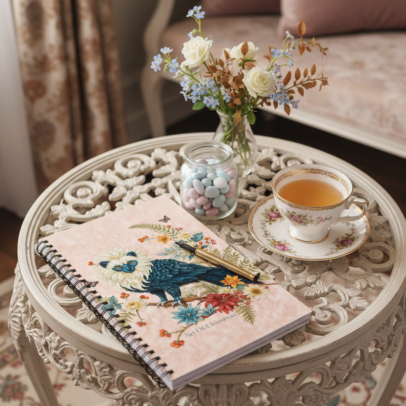 Photo professionnelle décor de salon de thé regencycore,  sur une table basse avec le carnet mzelle design posé en évidence, une tasse de thé, un stylo plume, des dragées dans un bocal en verre, un vase de fleurs sauvage.