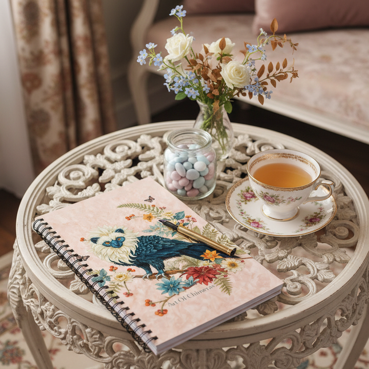 Photo professionnelle décor de salon de thé regencycore,  sur une table basse avec le carnet mzelle design posé en évidence, une tasse de thé, un stylo plume, des dragées dans un bocal en verre, un vase de fleurs sauvage.