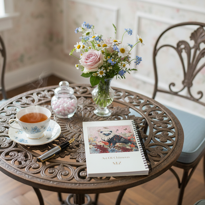 Photo professionnelle décoration salon de thé Regencycore tons paste, mobilier en fer forgé,  table basse avec un beau carnet mzelle design posé en évidence, une tasse de thé, un stylo plume, des dragées dans un bocal en verre, un vase de fleurs sauvage. 