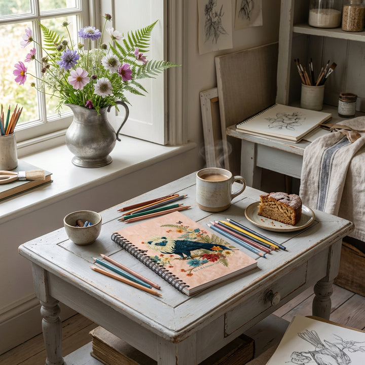Photo professionnelle décoration d'un atelier d'artiste,  table basse avec le carnet mzelle design posé en évidence, avec des crayons de couleurs, une tasse de café, une part de cake dans une soucoupe . Un vase en étain de fleurs sauvage sur le rebord de la fenêtre.