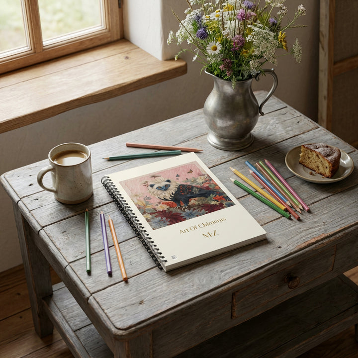 Photo professionnelle décoration d'un atelier d'artiste,  table basse avec le carnet mzelle design posé en évidence, avec des crayons de couleurs, une tasse de café, une part de cake dans une soucoupe . Un vase en étain de fleurs sauvage sur le rebord de la fenêtre.