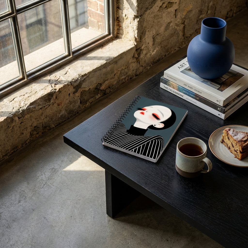 Photographie d’intérieur décoration, vue en plongée en gros plan sur une table en bois et d'un carnet west kast couverture illustrée moderne, posé à plat  à côté d'une tasse de thé et d'une pile de livres, ambiance loft moderne. 