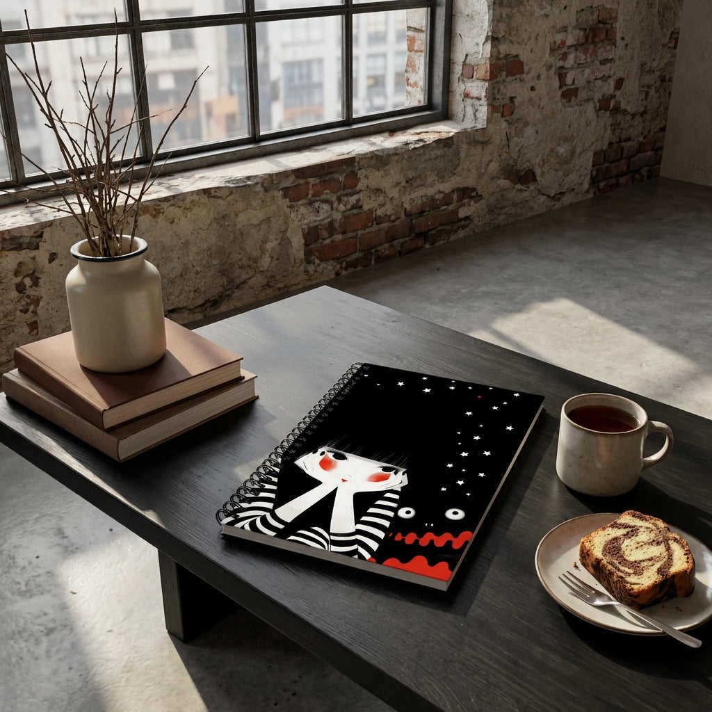 Photographie d’intérieur décoration, vue en plongée en gros plan sur une table en bois et d'un carnet west kast couverture illustrée moderne, posé à plat  à côté d'une tasse de thé et d'une pile de livres, ambiance loft moderne. 