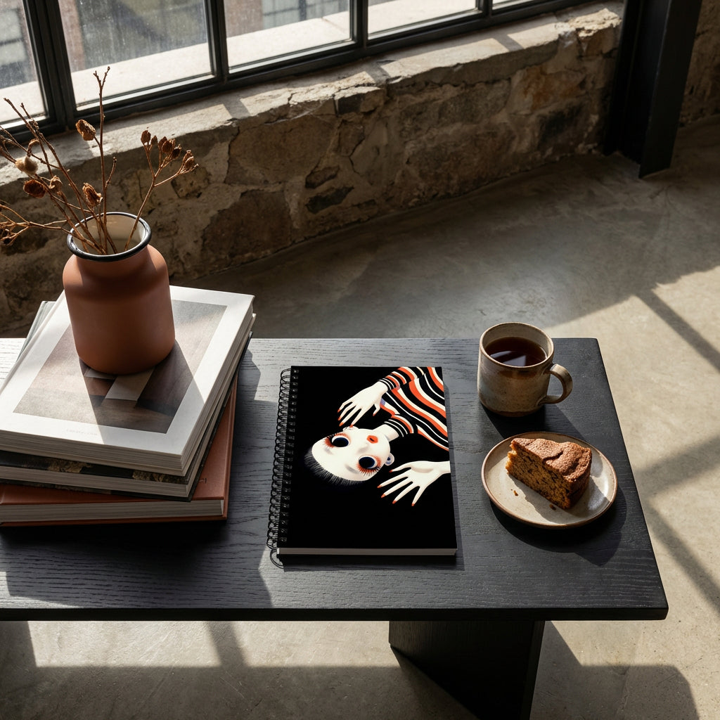 Photographie d’intérieur décoration, vue en plongée en gros plan sur une table en bois et d'un carnet west kast couverture illustrée moderne, posé à plat  à côté d'une tasse de thé et d'une pile de livres, ambiance loft moderne. 