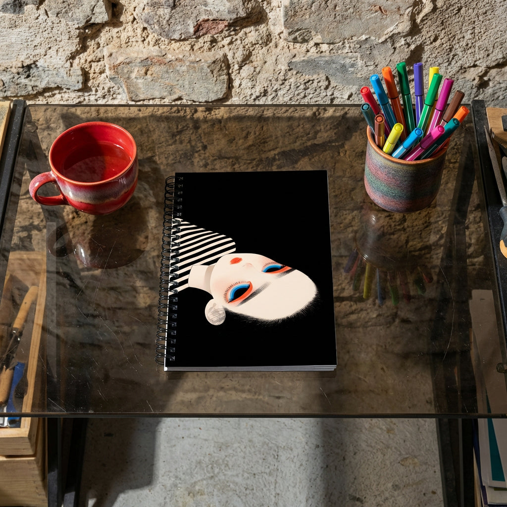 Photographie d’intérieur décoration, vue en plongée en gros plan sur une table en verre fumé et d'un carnet à spirale west kast, à côté d'un pot à feutres couleurs et d'une tasse de thé en céramique rouge dégradé, mur brut en vieilles pierres. 